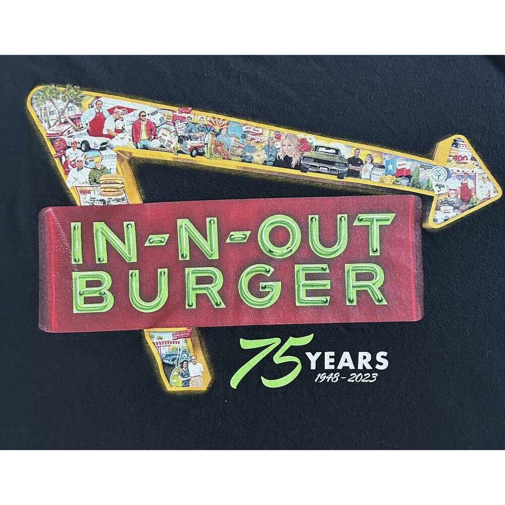 In-N-Out Burger 75th Anniversary T-shirt Mens L Black 1948-2023 Graphic Tee USA